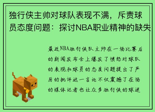 独行侠主帅对球队表现不满，斥责球员态度问题：探讨NBA职业精神的缺失
